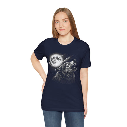 Mystical graphic of a howling wolf under a full moon night sky print on a dark tee.