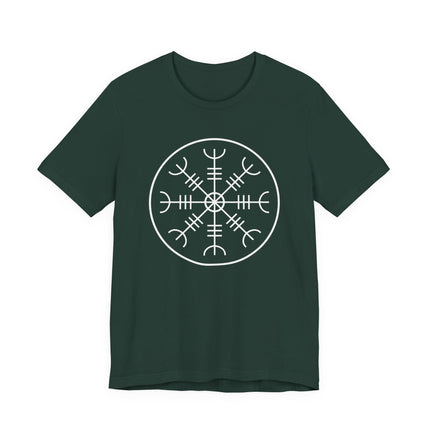Aegishjalmur Norse symbol graphic on a dark green t-shirt.