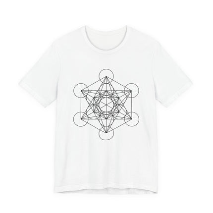 Metatron's Cube sacred geometry line art graphic on a white unisex t-shirt.