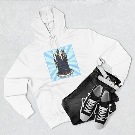 Frigg, Queen of Asgard Norse goddess mythology graphic print on a white hoodie.