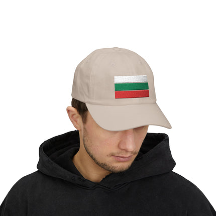 Embroidered Bulgarian flag baseball cap featuring white, green, and red national stripes.