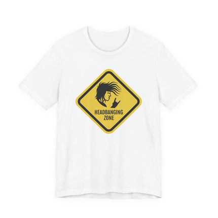 Headbanging Zone warning sign graphic on a white rock metal t-shirt.