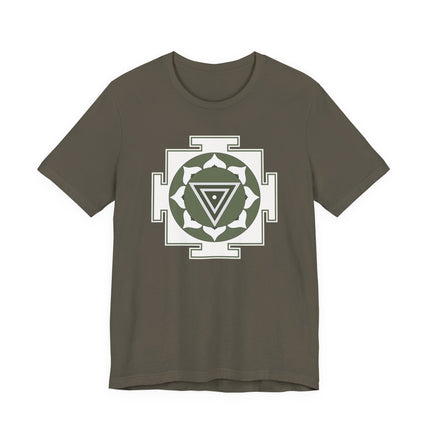 Sacred geometry Kali Yantra mandala design on a brown spiritual t-shirt.