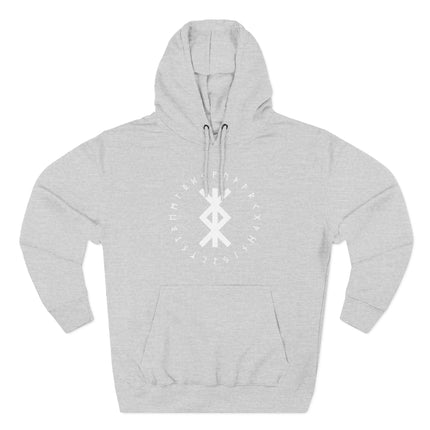 Viking protection rune graphic on a gray hoodie with surrounding Futhark characters.
