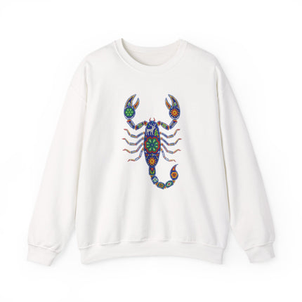Colorful Mexican Huichol art scorpion graphic on a white pullover sweatshirt.