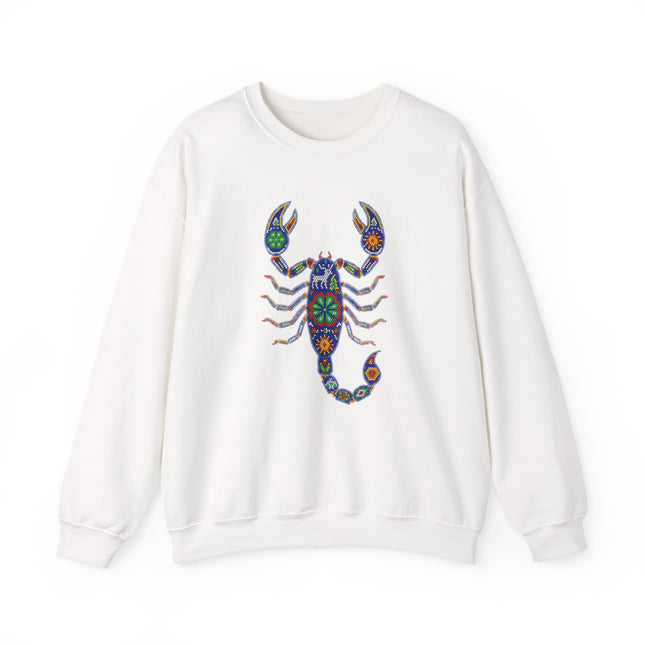 Colorful Mexican Huichol art scorpion graphic on a white pullover sweatshirt.