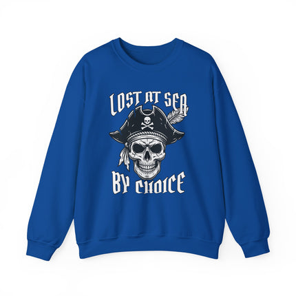 Lost At Sea By Choice pirate skull graphic on a blue sweatshirt.