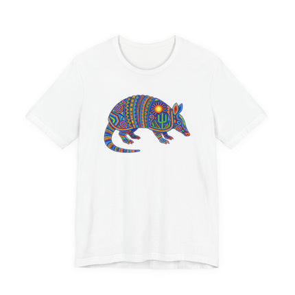 Colorful Huichol-style armadillo graphic tee featuring vibrant Mexican folk art design.