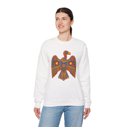 Vibrant Mexican folk art condor graphic on white sweatshirt.