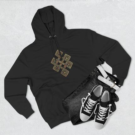 Black hoodie featuring the Endless Knot Tibetan Buddhist symbol design.