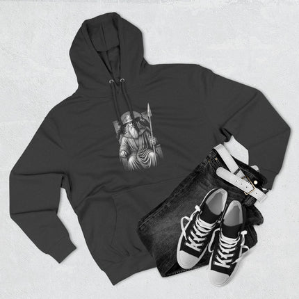 Odin Allfather Norse mythology graphic print on a black pullover hoodie.