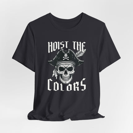 Pirate skull graphic tee with "Hoist The Colors" text, featuring a nautical and buccaneer design.