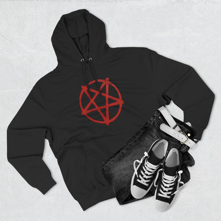 Black hoodie with red inverted pentagram occult symbol.