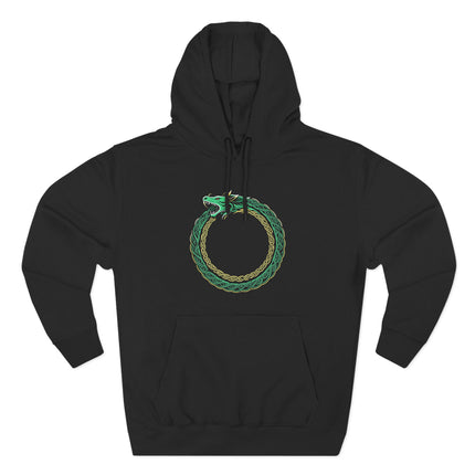 Norse Ouroboros dragon knotwork symbol on black hoodie.