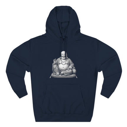 Laughing Buddha (Budai) graphic on a dark blue spiritual pullover hoodie.