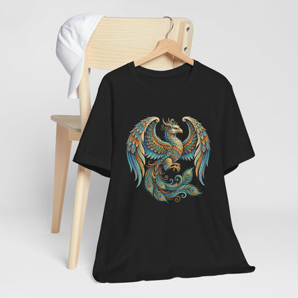 Colorful Homa Bird phoenix graphic tee featuring ornate Persian mythology art.