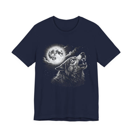 Howling wolf under a full moon and starry night celestial graphic t-shirt design.