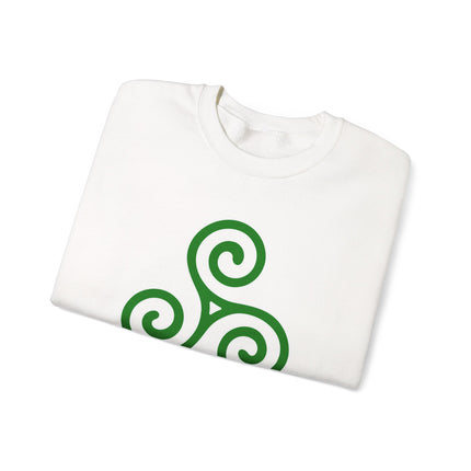 Celtic Triskelion knot pattern on a black sweatshirt; classic Irish triple spiral pullover design.