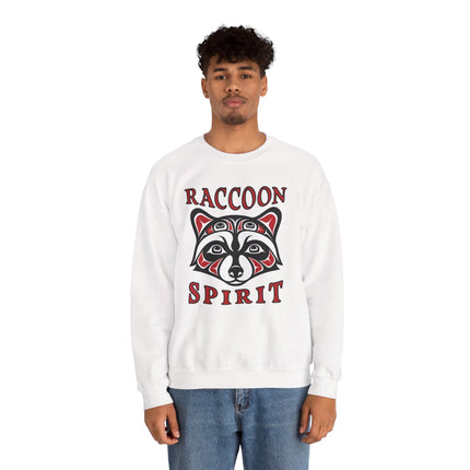 Tribal raccoon spirit graphic on a white sweatshirt, featuring indigenous Pacific Northwest art style.