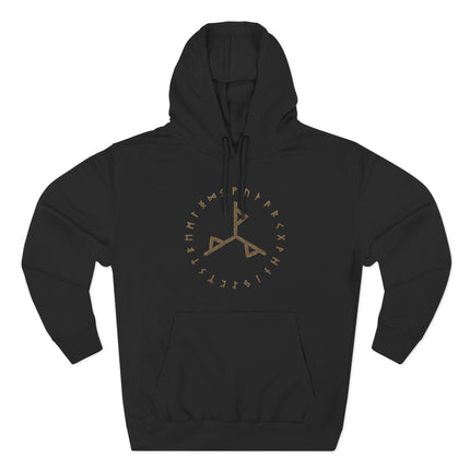 Black hoodie featuring Norse Futhark runes and a central binding rune symbol.