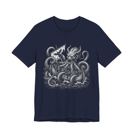 Epic Kraken and Viking battle illustration graphic t-shirt design featuring Norse mythology.