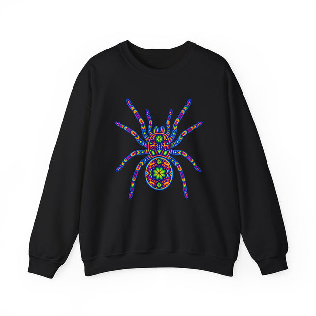 Colorful Huichol tarantula folk art graphic on a black sweatshirt.