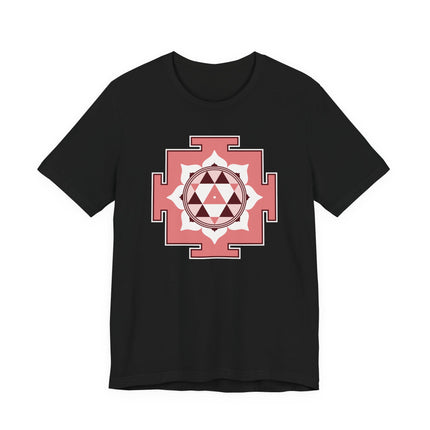 Black t-shirt featuring a pink Durga Yantra sacred geometry symbol.