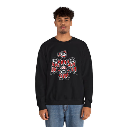 Raven Formline Art graphic on a black sweatshirt, featuring Pacific Northwest indigenous style.
