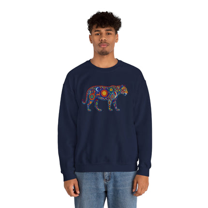 Vibrant mosaic jaguar art sweatshirt with colorful tribal geometric print.