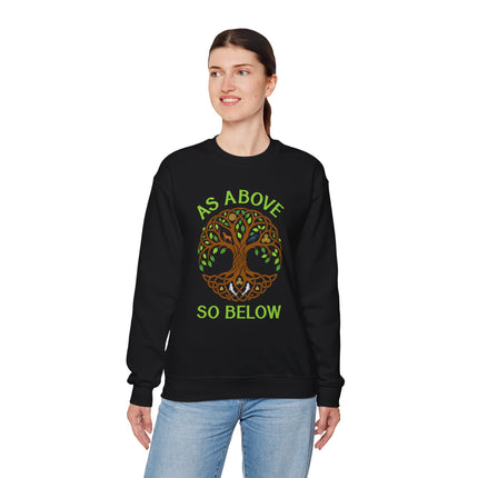 As Above So Below Tree of Life graphic on a black spiritual sweatshirt.