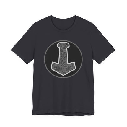Mjolnir Viking hammer knotwork graphic tee on a black t-shirt. Norse mythology design.