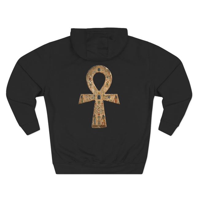 Ancient Egyptian Ankh symbol hieroglyphics print on black unisex hoodie.