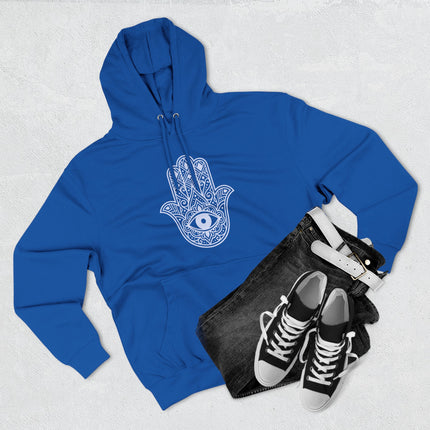 Hamsa hand evil eye mandala graphic on blue unisex protection hoodie.