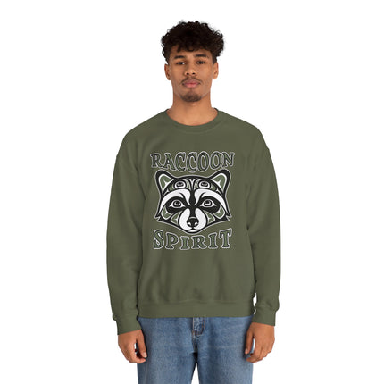 Tribal raccoon spirit graphic on a dark green pullover sweatshirt.