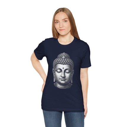 Grayscale Buddha head illustration on a navy blue spiritual meditation t-shirt.