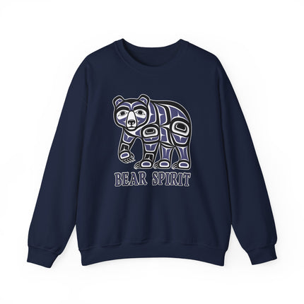 Stylized tribal bear art graphic featuring "BEAR SPIRIT" on a dark navy pullover sweatshirt.