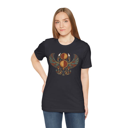 Egyptian winged scarab and sun disk mythology graphic tee on a black t-shirt.
