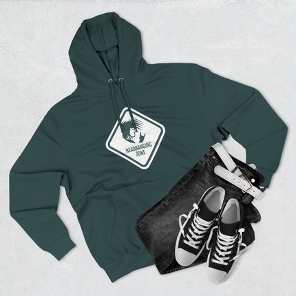Rock metal hoodie featuring a devil horns silhouette and "Headbanging Zone" graphic.