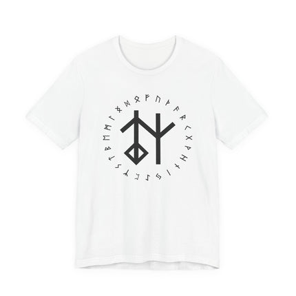 Bind rune and Elder Futhark runes graphic on a white Norse Viking t-shirt.