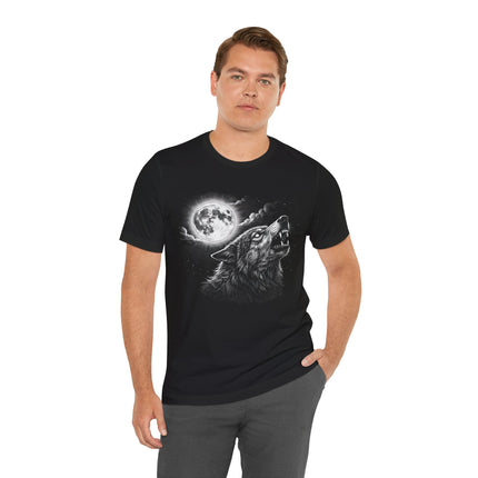 Howling wolf under a full moon graphic t-shirt. Wild nocturnal animal print design.