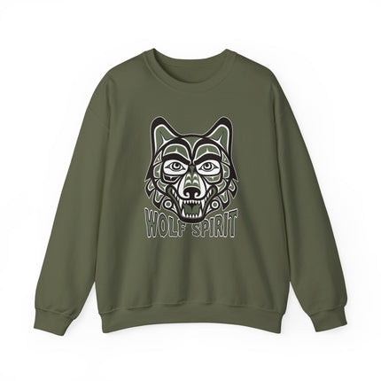 Tribal wolf spirit design graphic printed on an indigenous pullover sweatshirt.