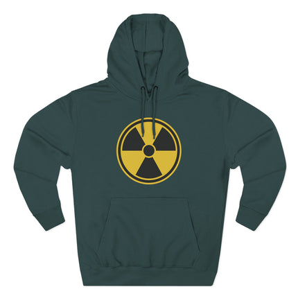 Dark green hoodie featuring a yellow radioactive hazard symbol graphic.