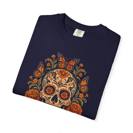 Skull with Butterflies T-Shirt | Orange Flowers and Calavera Art