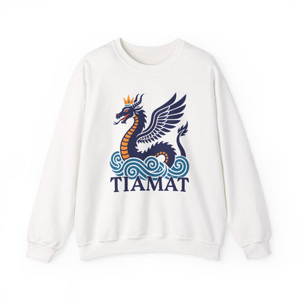 Tiamat winged dragon graphic on a white sweatshirt, featuring Mesopotamian mythology art.