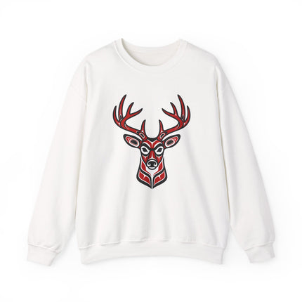 Red and black tribal deer head graphic on a white sweatshirt, featuring Pacific Northwest formline art.