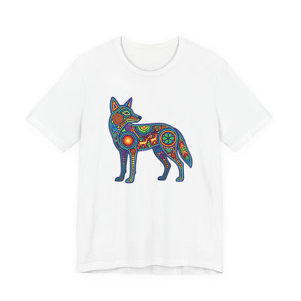 Vibrant Huichol coyote graphic tee featuring Mexican folk art and geometric tribal patterns.