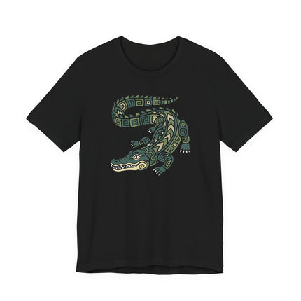 Mayan Crocodile T-Shirt | Curled Reptile with Geometric Patterns Tee