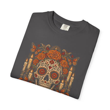 Recuerda T-Shirt | Decorated Skull, Marigolds and Candle Artwork