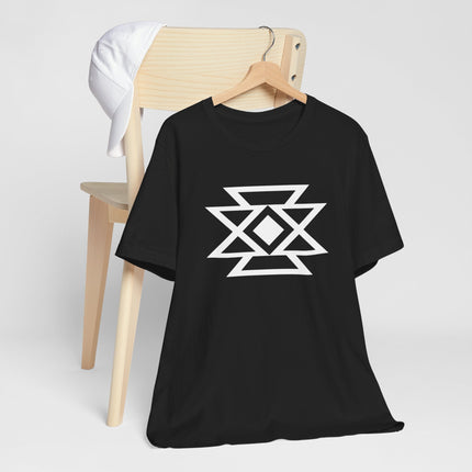 Black graphic tee with white geometric butterfly symbol design.