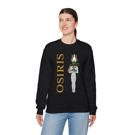 Osiris Egyptian god mummy graphic on black pullover sweatshirt featuring ancient mythology.